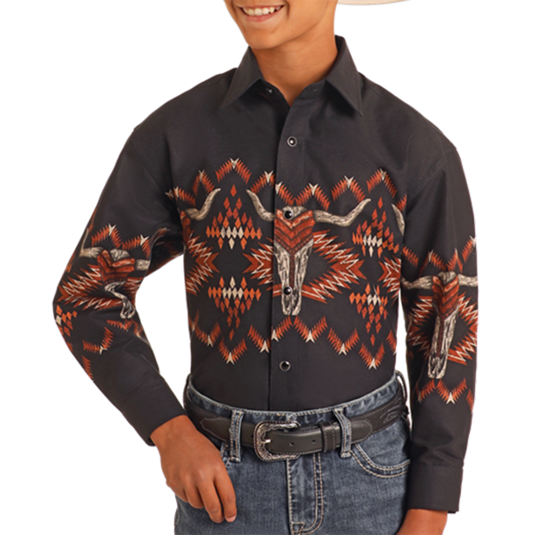 Rock & Roll Denim Boys' Longhorn Aztec Print Long Sleeve Snap Shirt