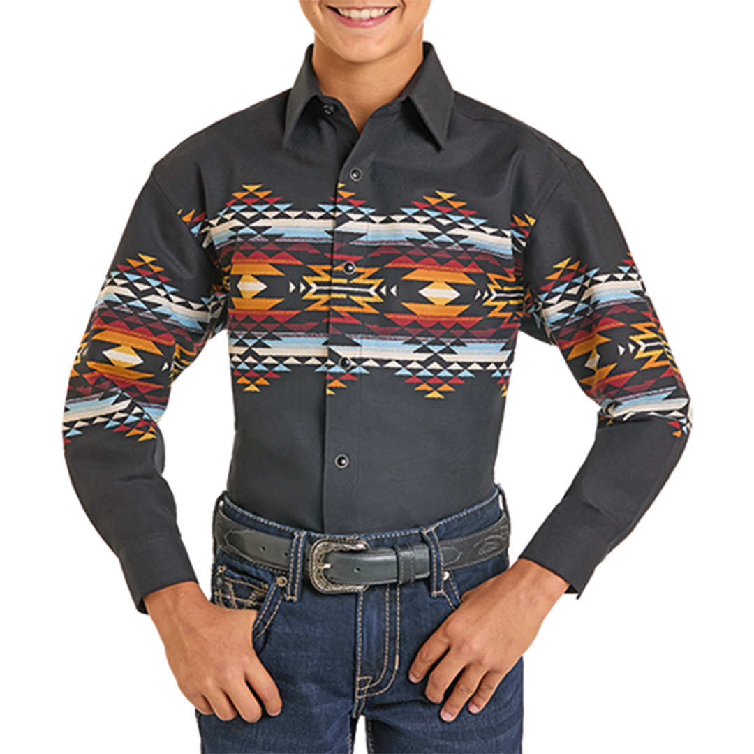 Panhandle Boys' Aztec Border Print Snap Shirt