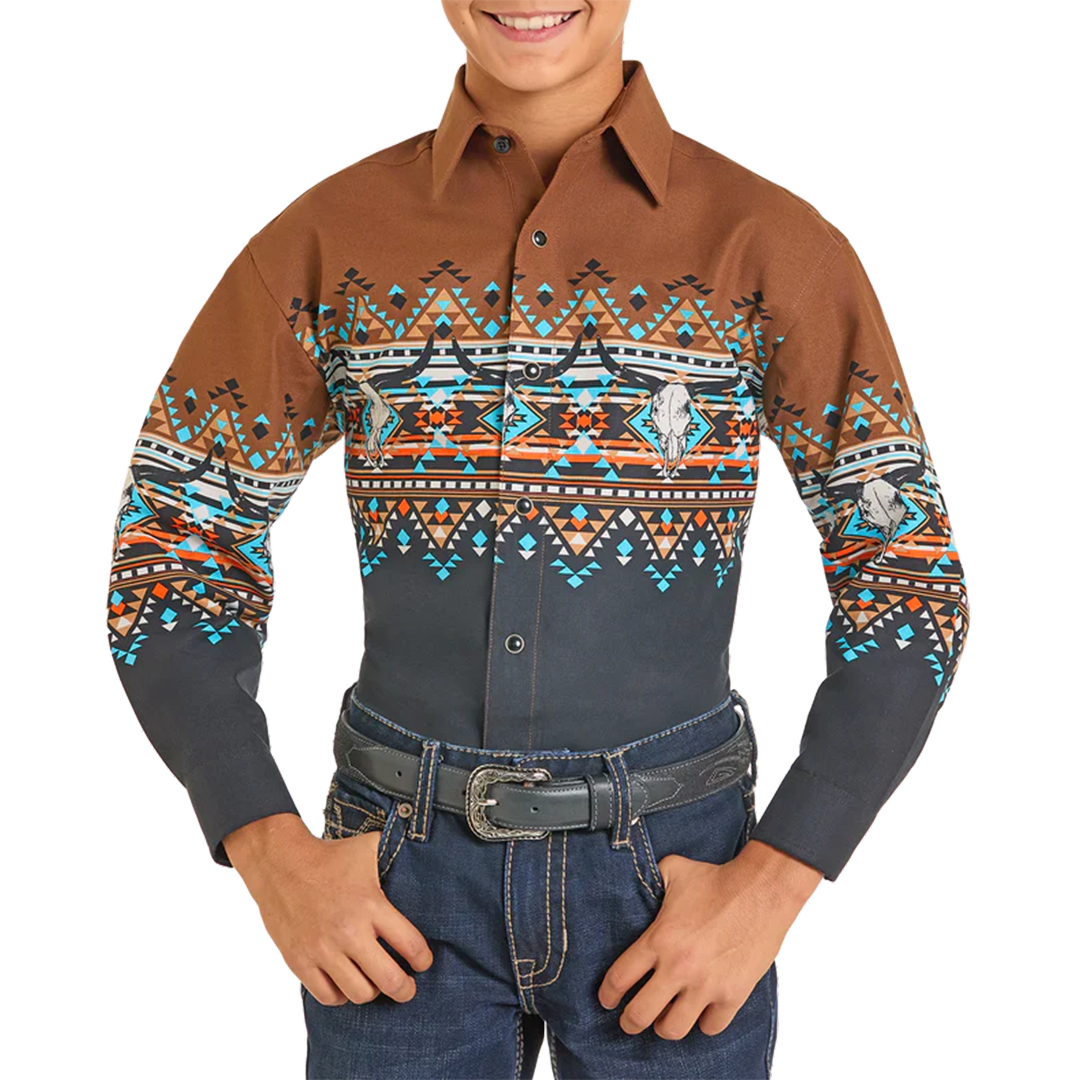 Panhandle Boys' Aztec Border Print Snap Shirt