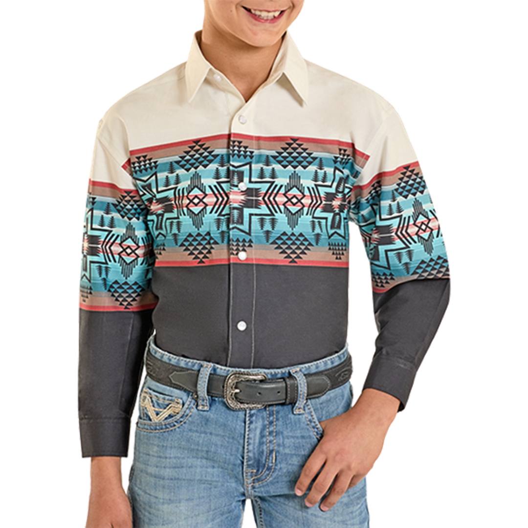 Panhandle Boys' Border Print Long Sleeve Snap Shirt