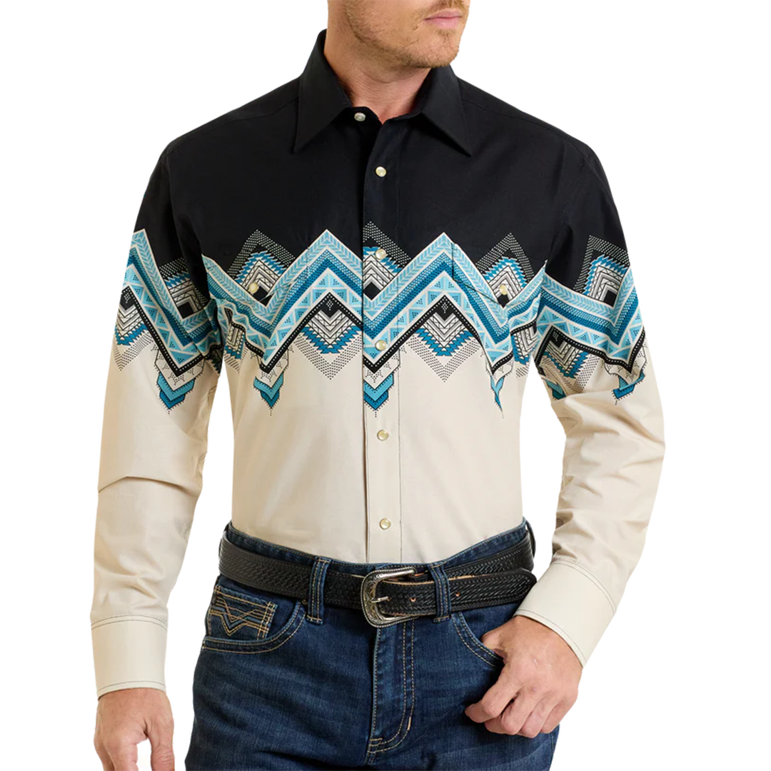 Panhandle Men's Mini Chevron Aztec Print Border Long Sleeve Snap Shirt