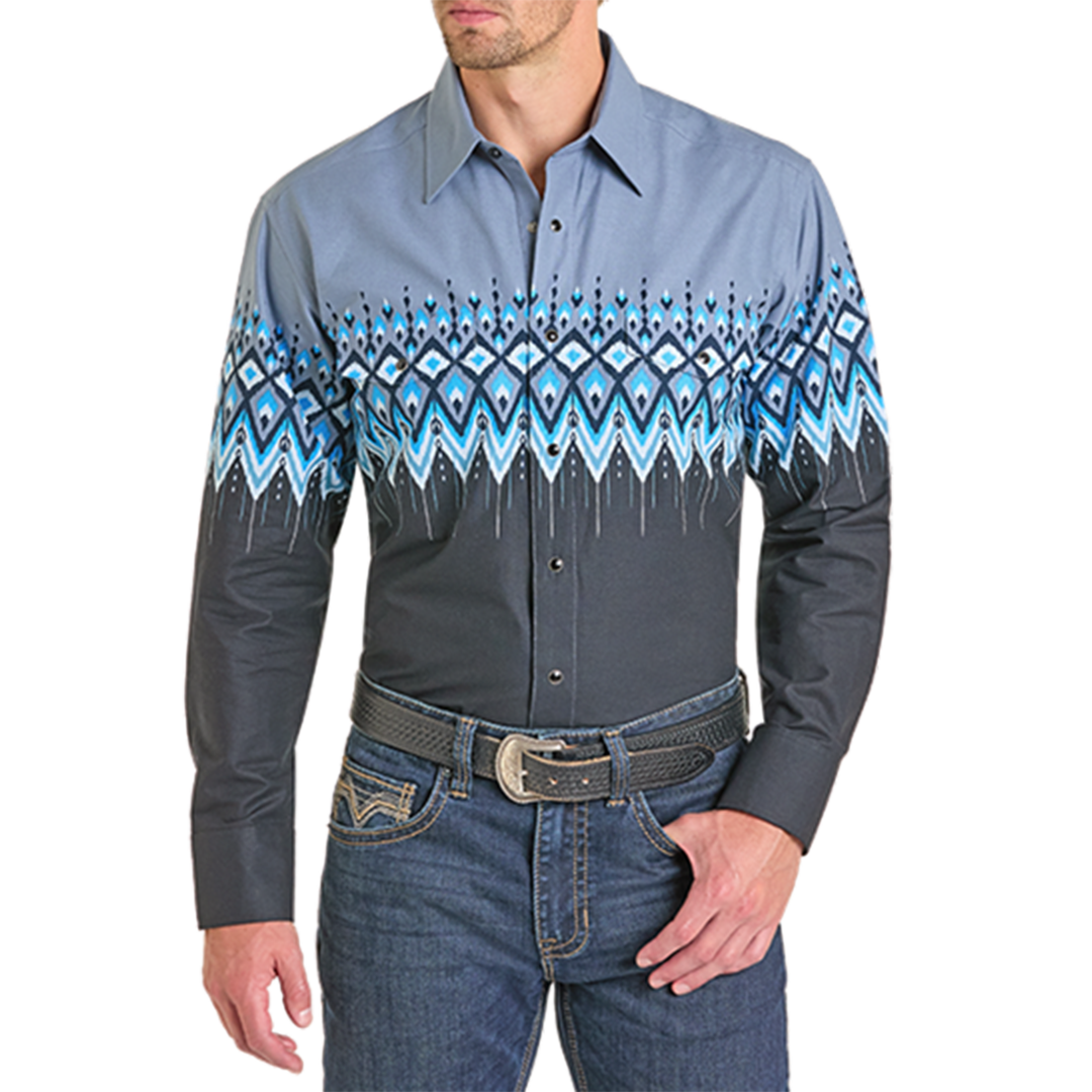 Panhandle Men's Aztec Print Border Long Sleeve Snap Shirt