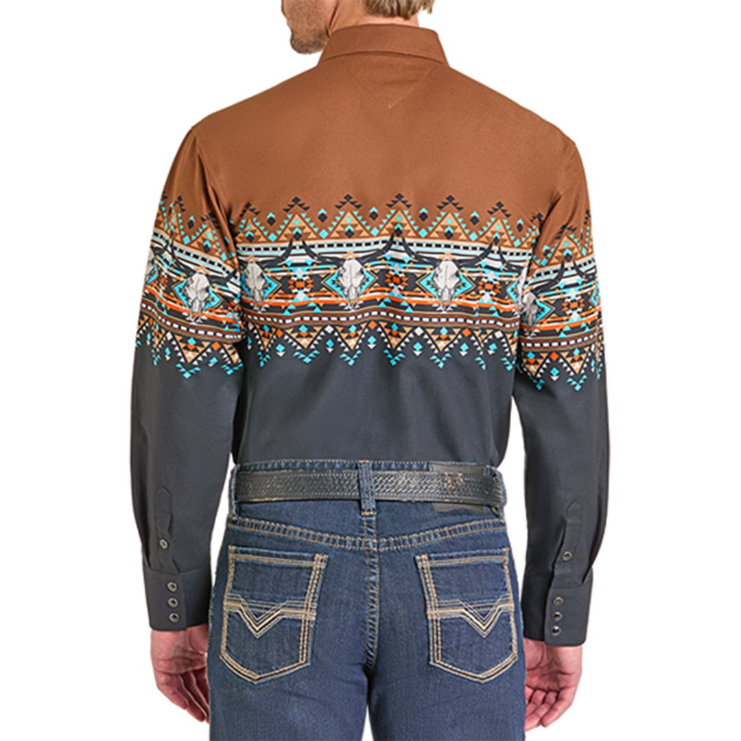 Panhandle Men's Aztec Print Border Long Sleeve Snap Shirt
