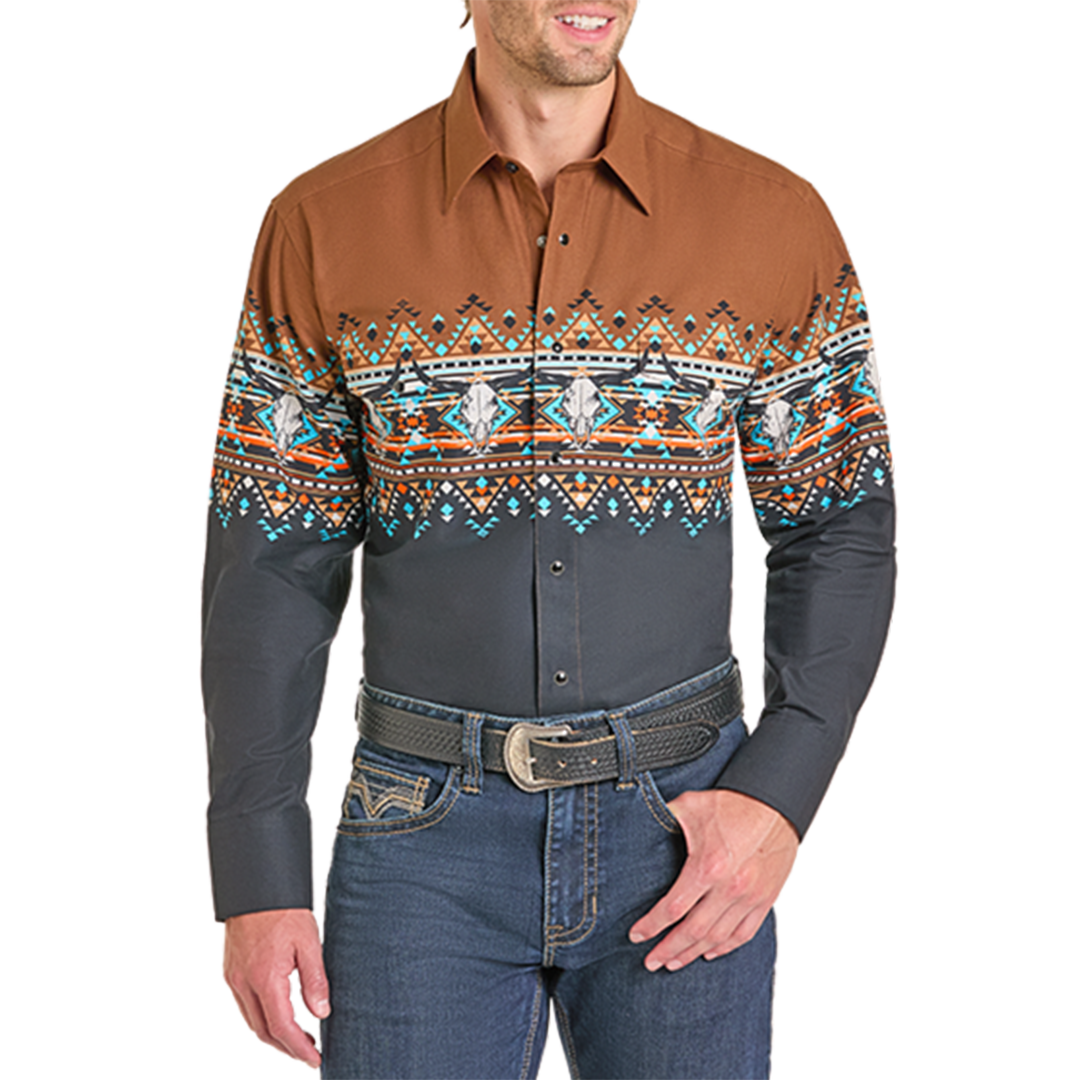 Panhandle Men's Aztec Print Border Long Sleeve Snap Shirt