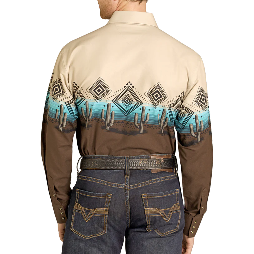 Panhandle Men's Cactus Border Print Long Sleeve Snap Shirt