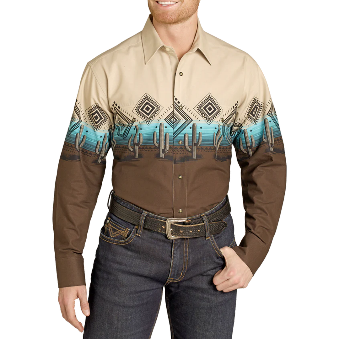 Panhandle Men's Cactus Border Print Long Sleeve Snap Shirt