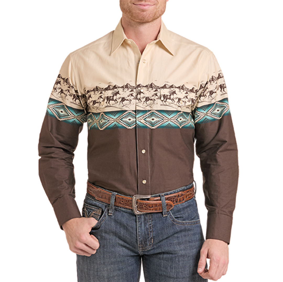 Chemise à pression à manches longues imprimée motif bordure Panhandle pour hommes