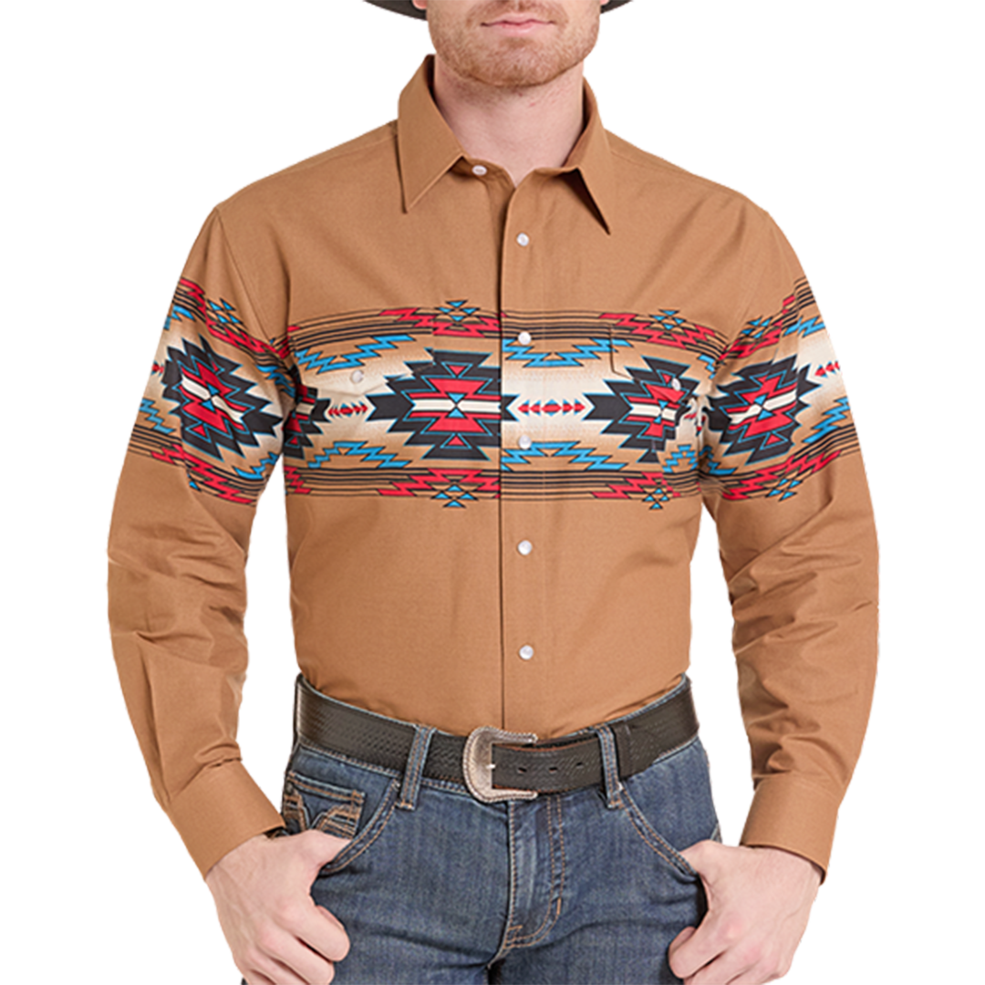 Chemise à pression à manches longues imprimée motif bordure Panhandle pour hommes