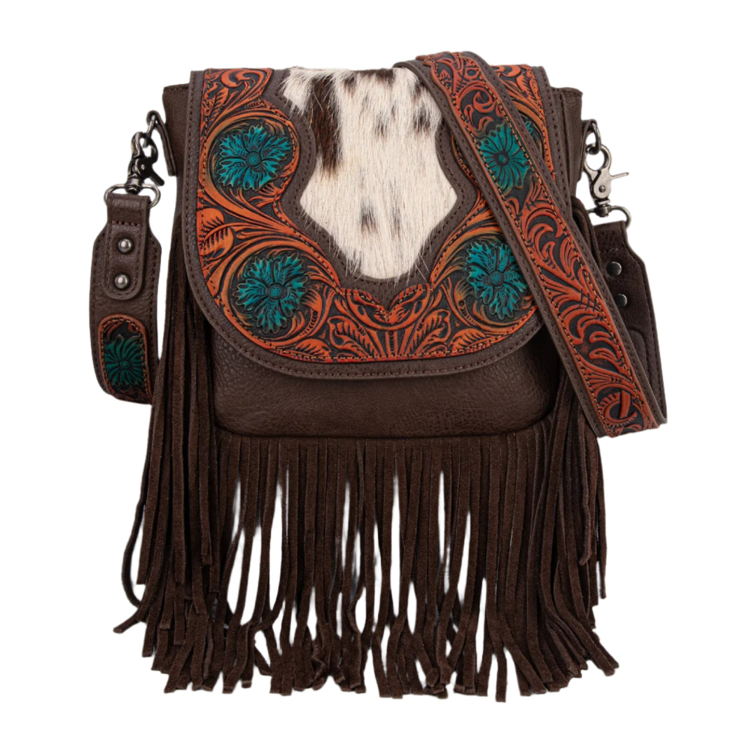 Trinity Ranch Genuine Hair-On Cowhide Tooled Fringe Crossbody