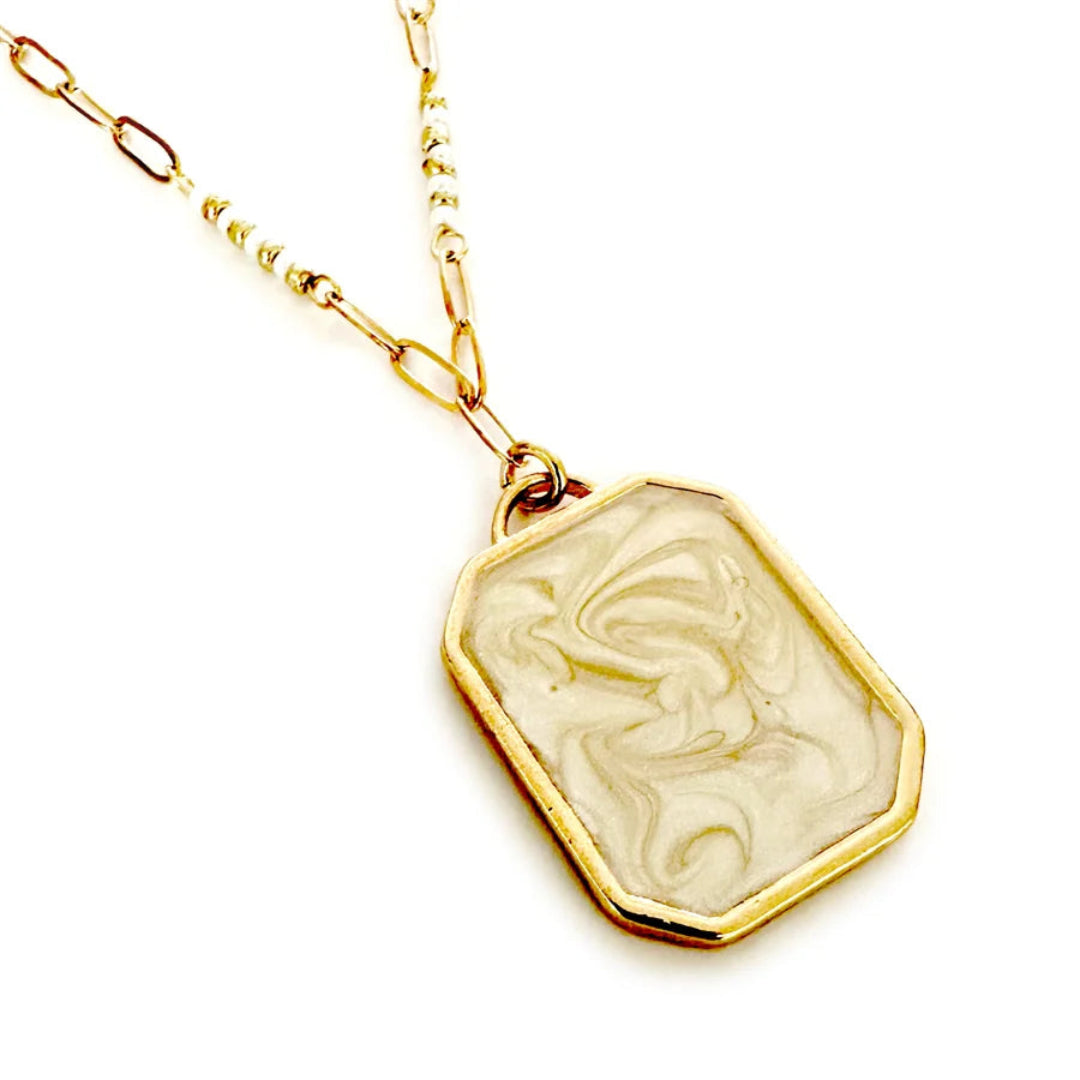 Wyo Horse Women's Marble Enamel Pendant and Seed Bead Chain Necklace