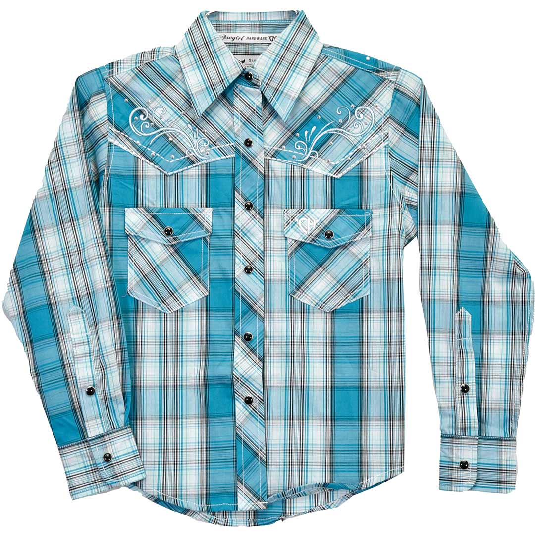 Cowgirl Hardware Girls Plaid Print Snap Shirt Turquoise White