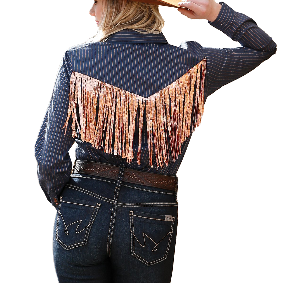 Cruel Denim Women's Sequin Fringe Western Long Sleeve Snap Shirt