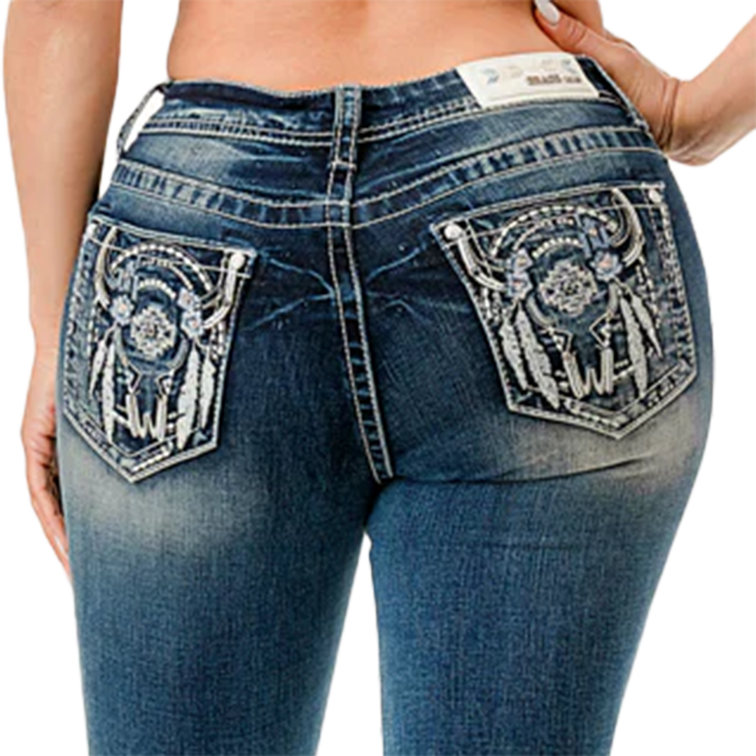 Grace in LA Women's Steerhead And Feather Pocket Bootcut Jean