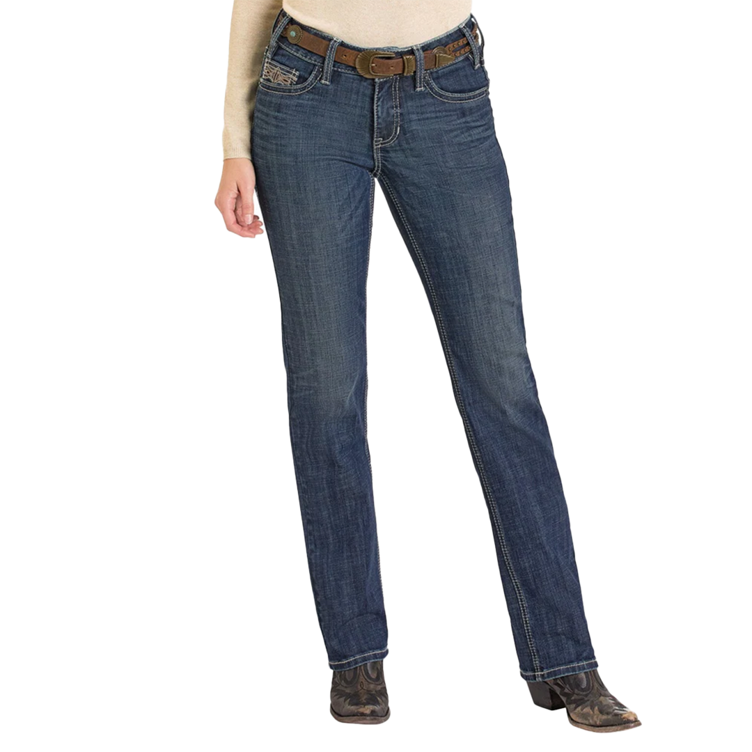 Rock & Roll Denim Women's Leather Embroidered Pocket Modest Bootcut Jeans