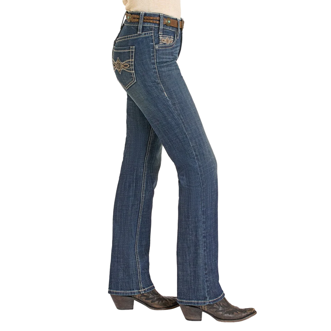 Rock & Roll Denim Women's Leather Embroidered Pocket Modest Bootcut Jeans