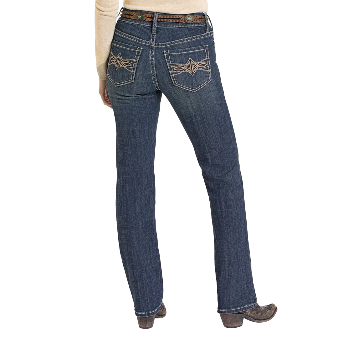 Rock & Roll Denim Women's Leather Embroidered Pocket Modest Bootcut Jeans