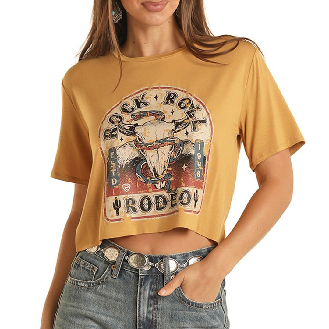 Rock & Roll Cowgirl Women's Skull Graphic Cropped T-Shirt