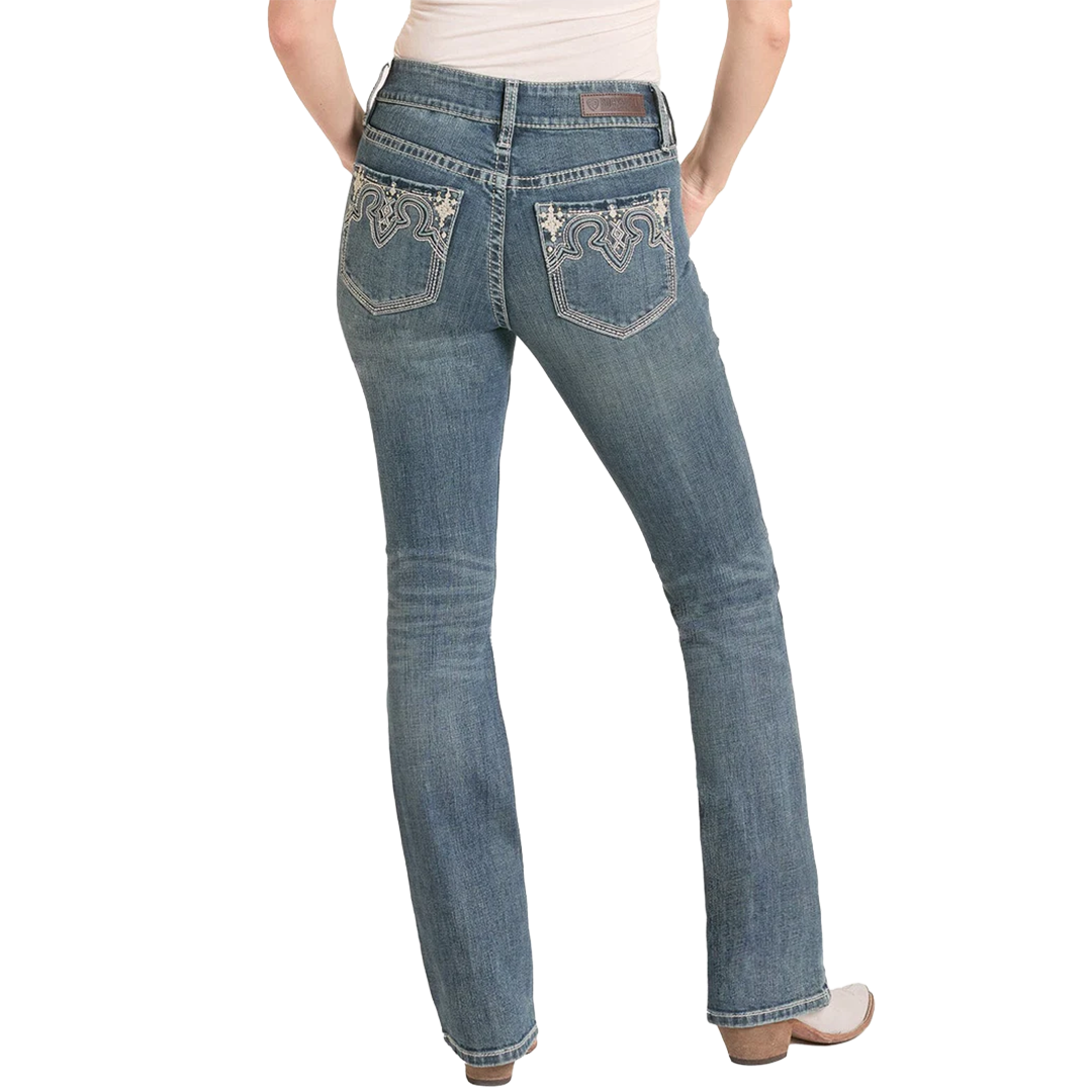 Jean bootcut rehaussé brodé à taille mi-haute pour femme Rock & Roll Denim