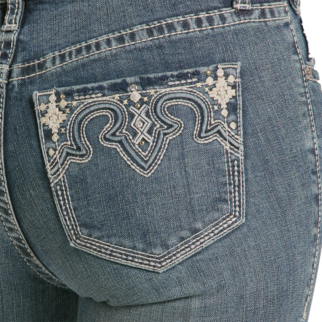 Jean bootcut rehaussé brodé à taille mi-haute pour femme Rock & Roll Denim