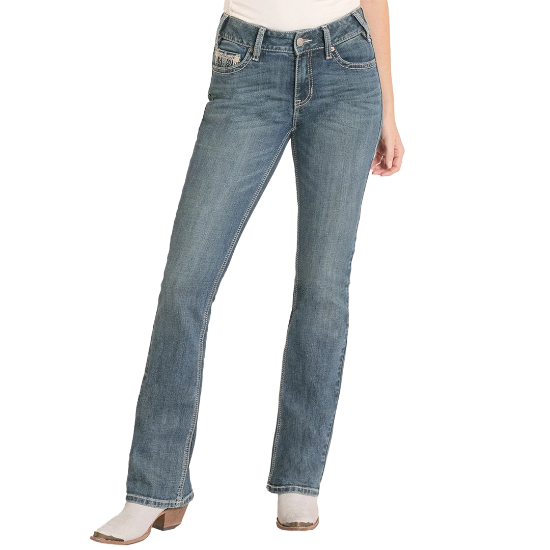Jean bootcut rehaussé brodé à taille mi-haute pour femme Rock & Roll Denim