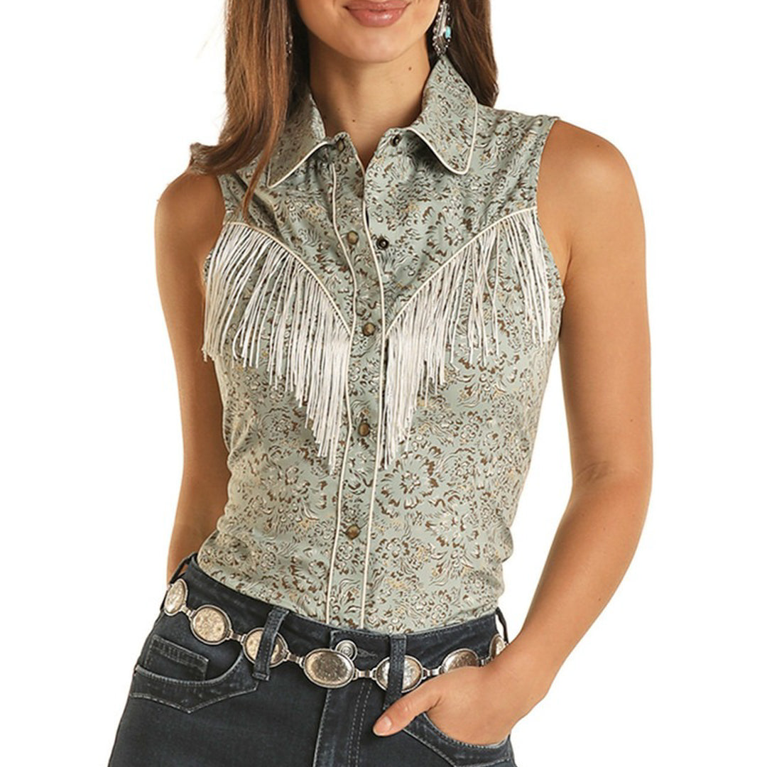 Rock & Roll Cowgirl Women's Floral Print Sleeveless Snap Shirt