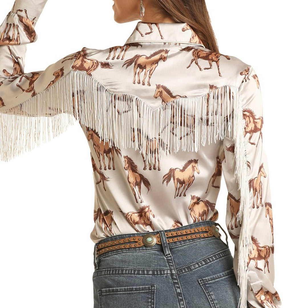 Rock & Roll Cowgirl Women's Horse Print Fringe Snap Shirt