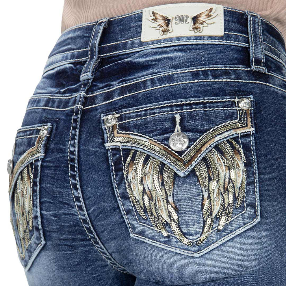 Miss Me Women's Natural Feather Wings Bootcut Jeans