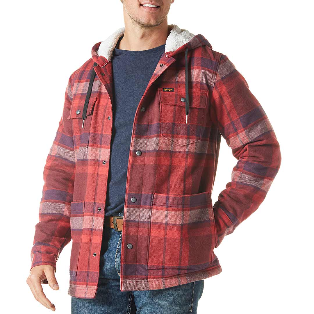 Wrangler Men's Sherpa Lined Flannel Hooded Shirt Jacket