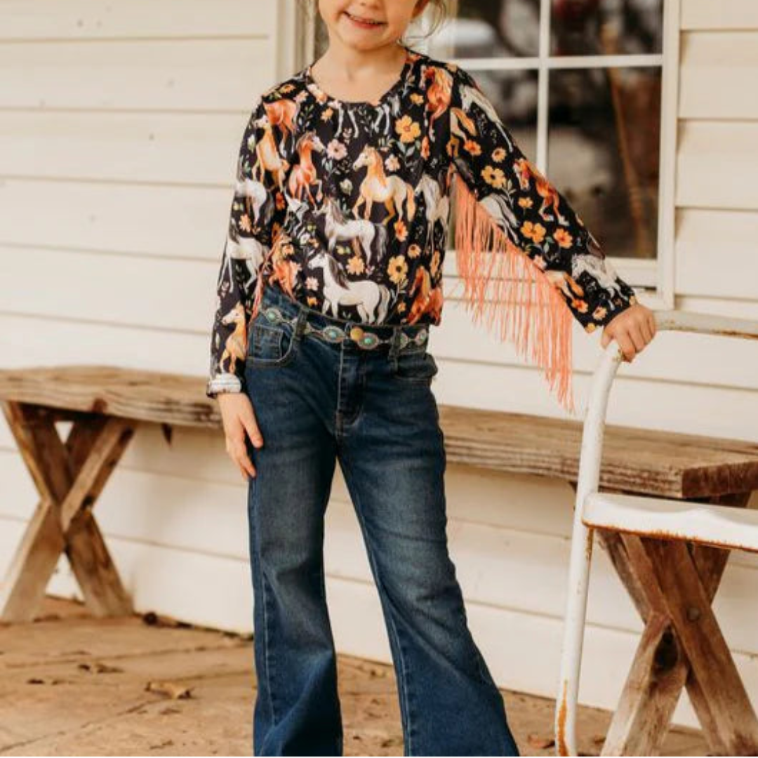 Shea Baby Toddler Girls' Horse Long Sleeve w/t Fringe Shirt