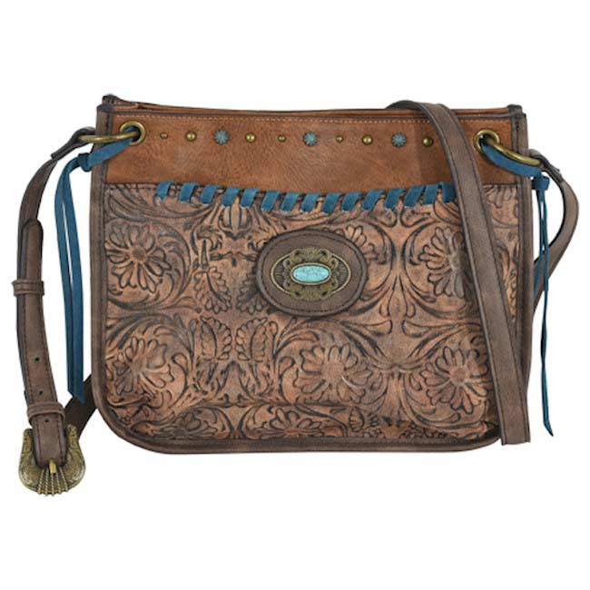 Justin Floral Tooled With Laced Accent Crossbody Bag