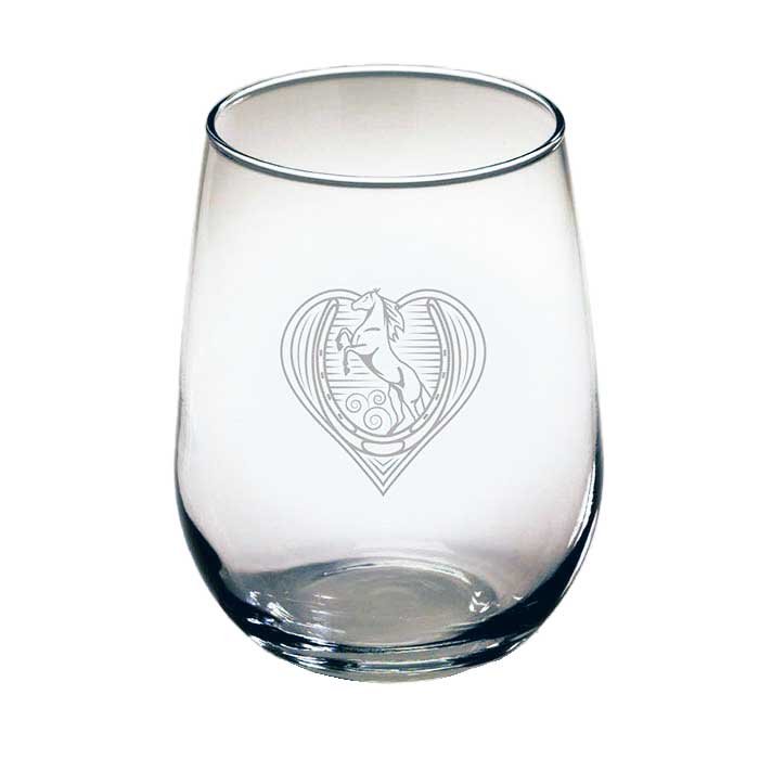Kelley and Company Horseshoe & Heart Etched Stemless Wine Glass