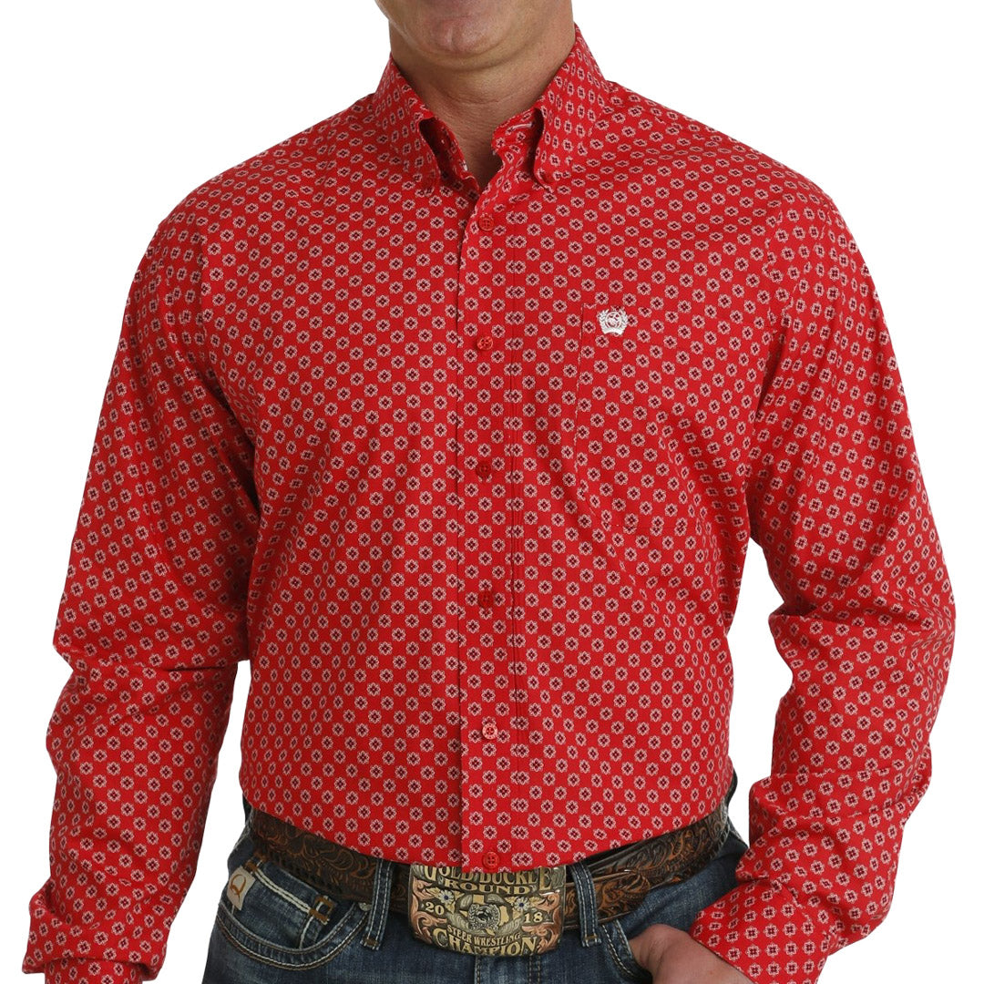 Cinch Men's Geometric Hex Print Button-Down Shirt In Red