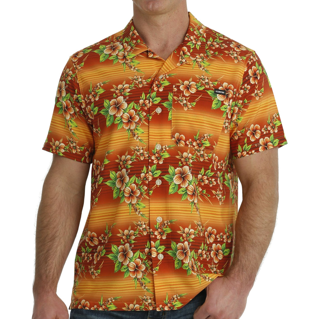 Cinch Men's Hawaiian Short Sleeve Camp Shirt In Orange