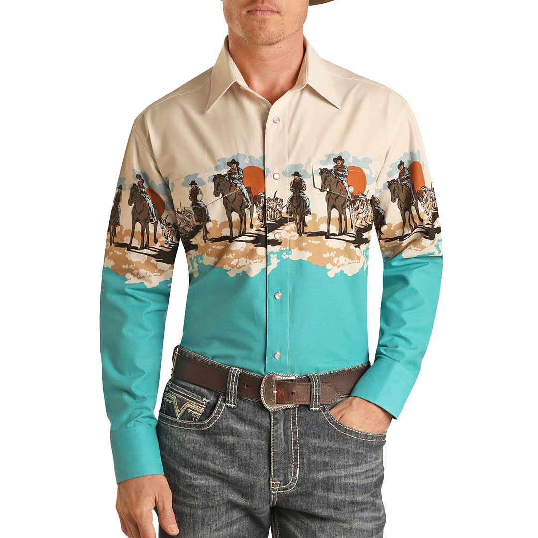 Panhandle Men's Cowboy Border Print Snap Shirt
