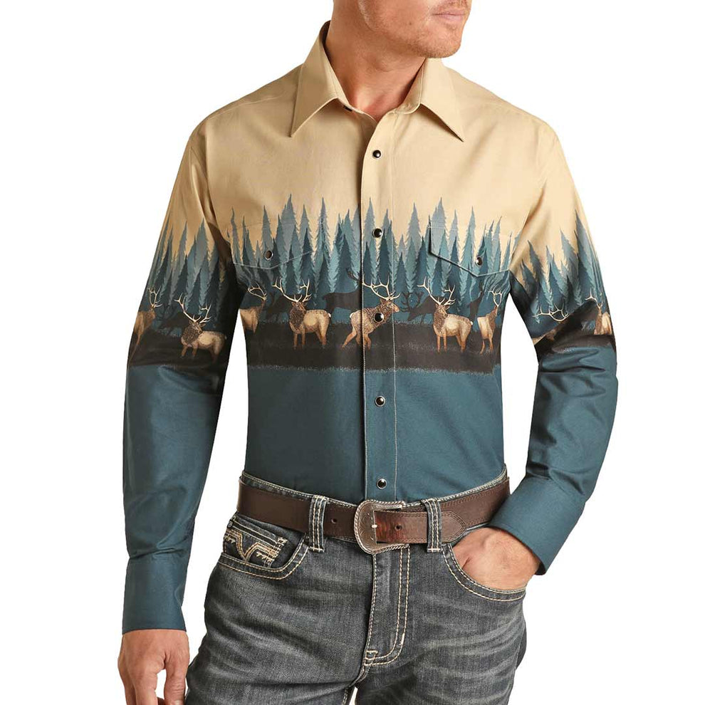 Panhandle Men's Elk Border Print Snap Shirt
