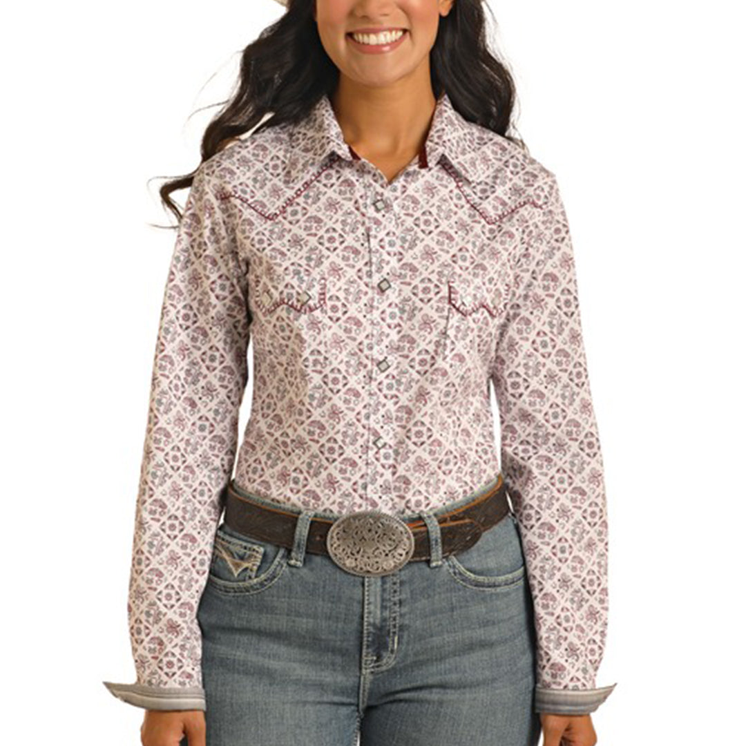 Rough Stock Women's Maroon Bandana Print Long Sleeve Snap Shirt