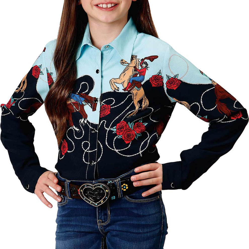 Roper Girls' Cowgirl Border Print Snap Shirt
