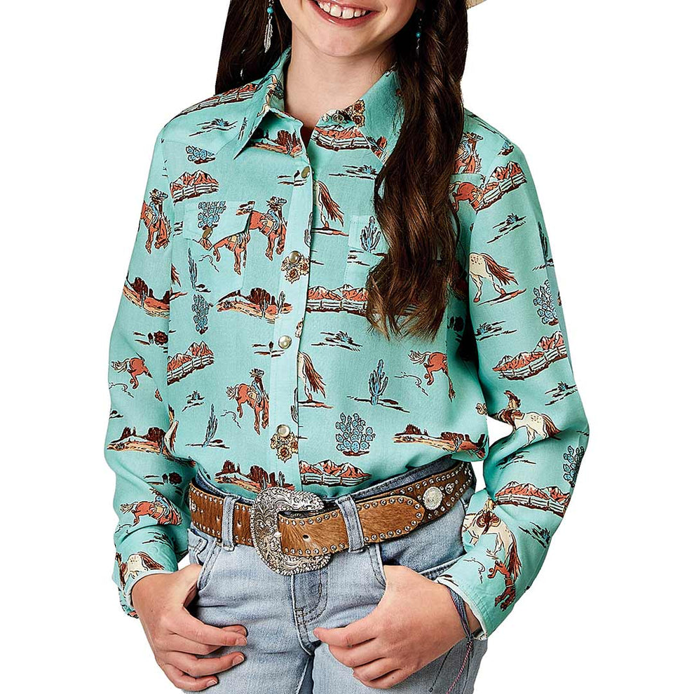 Roper Girls' Cowgirl Print Snap Shirt