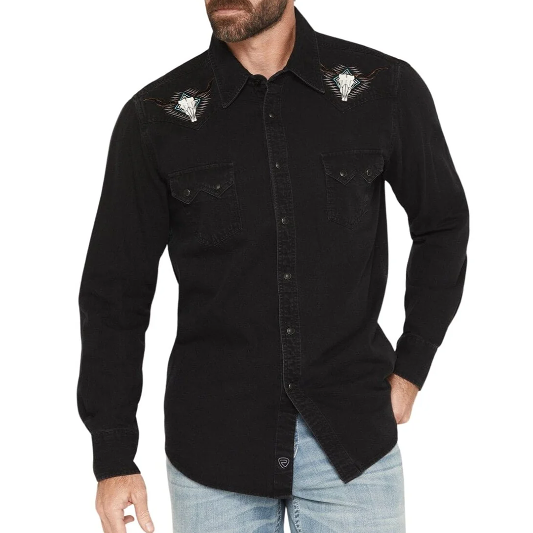 Rock & Roll Denim Men's Longhorn Embodied Long Sleeve Snap Shirt