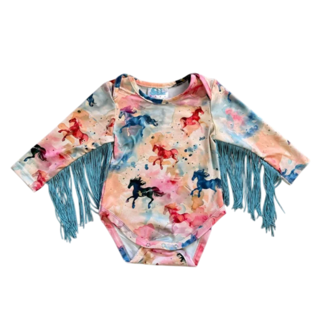 Shea Baby Baby Girls' Watercolor Horse Fringe Long Sleeve Onesie