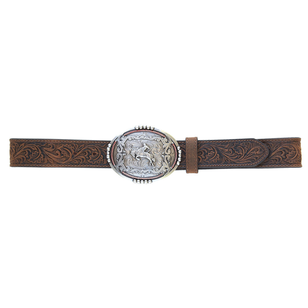 AndWest Men's Tooled Leather Belt with Bronc Rider Buckle