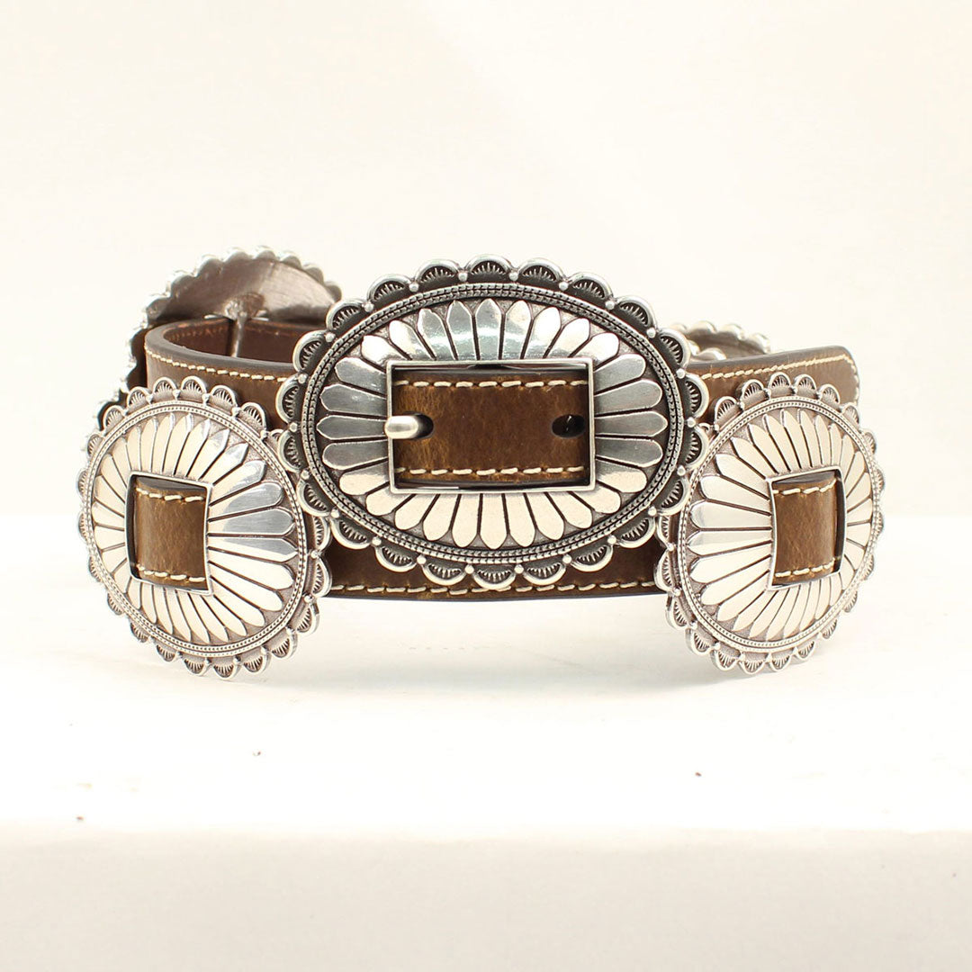 Nocona Floral Silver Concho Leather Brown Womens Belt