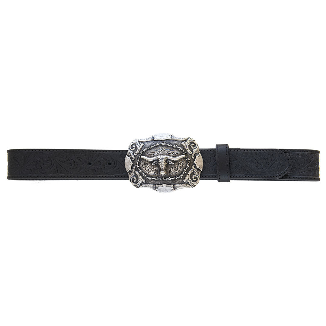 AndWest Men's Tooled Leather Belt with Longhorn Buckle