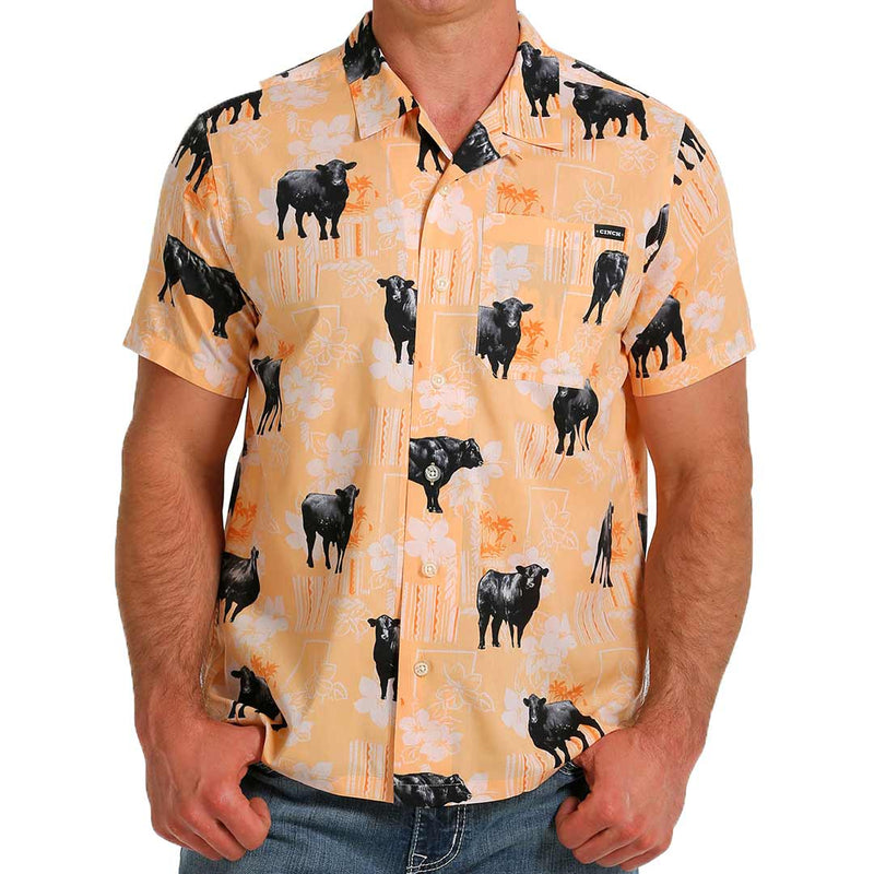 Cinch Men's Short Sleeve Cow Print Button-Down Camp Shirt