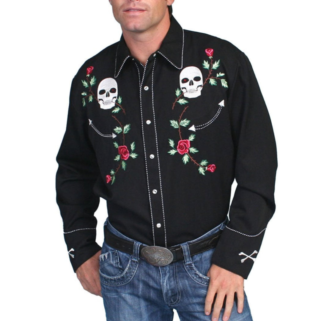 Scully Men's Skull & Rose Embroidered Western Dress Shirt
