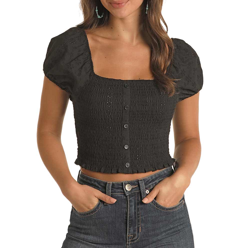 Panhandle Women's Eyelet Smocked Bodice Cropped Top