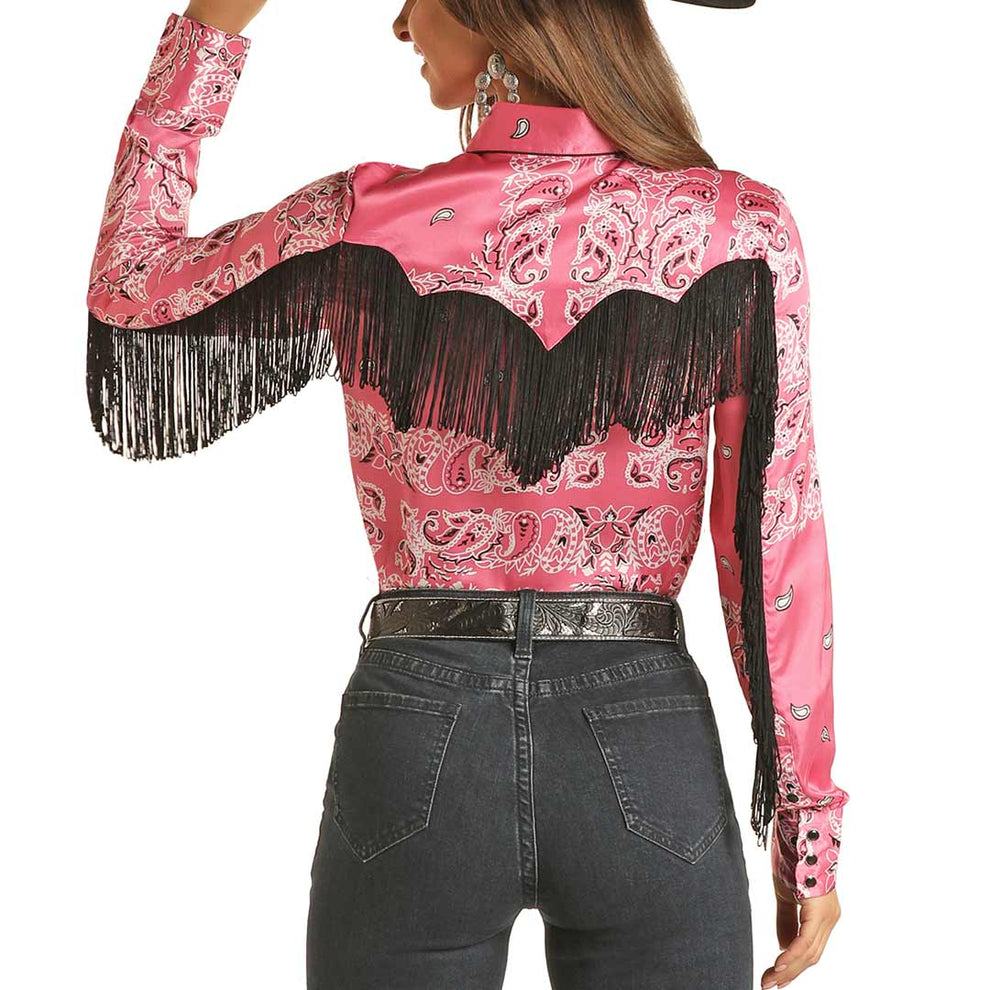 Rock & Roll Cowgirl Women's Fringe Bandana Print Snap Shirt