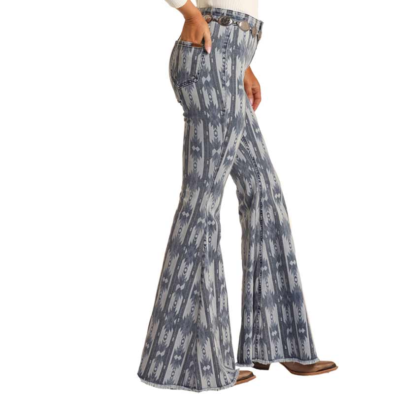Rock & Roll Denim Women's High Rise Extra Stretch Aztec Print Bell Bottom Jeans