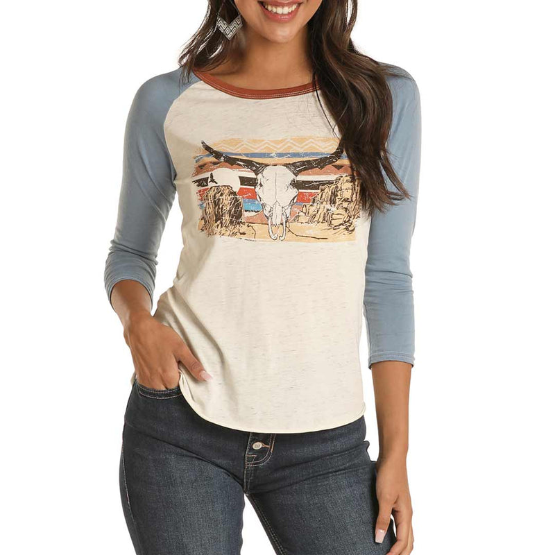 Rock & Roll Cowgirl Women's Steer Skull Baseball T-shirt