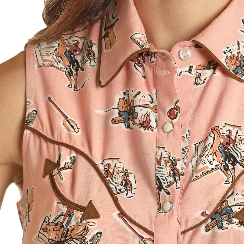 Panhandle Women's Cowboy Print Sleeveless Snap Shirt